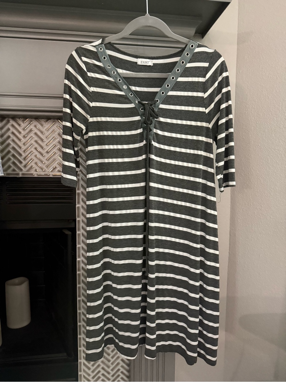 Exist Gray and White Striped Lace-Up Midi Dress